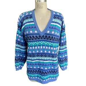 Vintage 90s Nordstrom Brass Plum Blue Green V-Neck Striped Sweater Size Medium